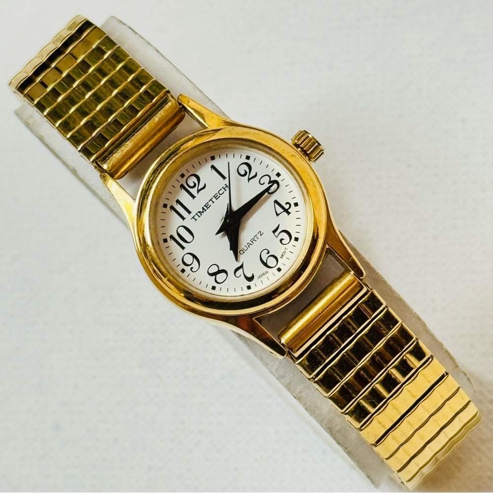Timetech Small Face Women's Nurses Dress Watch 6" MAX Gold Stretch Band 2655L